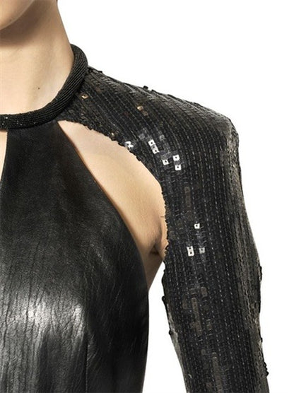 Saint Laurent Paris 2013 Hedi Beaded Collar Sequenced Sleeves Cut Out Backless Leather Dress