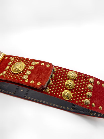 Gianni Versace 90s Red Suede Gold Studded Belt 30