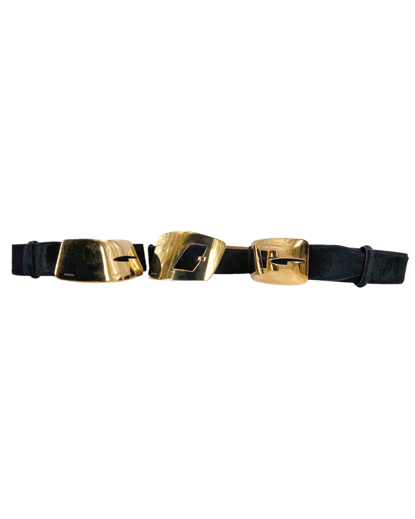 Gucci Fall 1996 Tom Ford Iconic Oversized "G" Gold Logo Black Pony Hair Belt 28