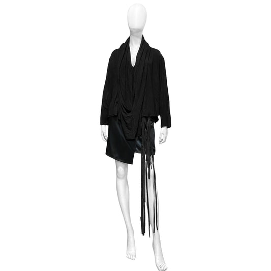 Ann Demeulemeester Fall 2002 Hooded Blouse + Suede Leather Belt Skirt Set