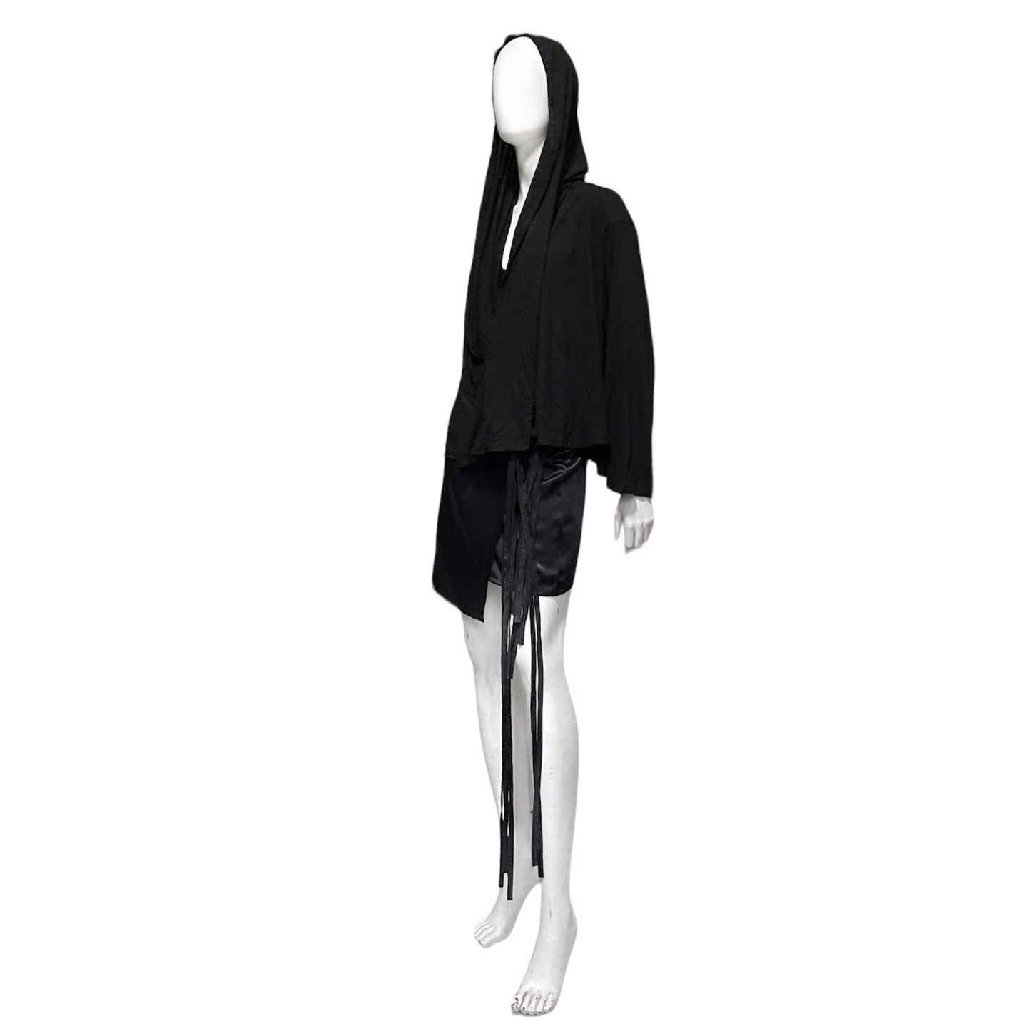 Ann Demeulemeester Fall 2002 Hooded Blouse + Suede Leather Belt Skirt Set