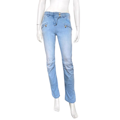 Balmain Spring 2009 Decarnin era distressed light blue gold zipper jeans