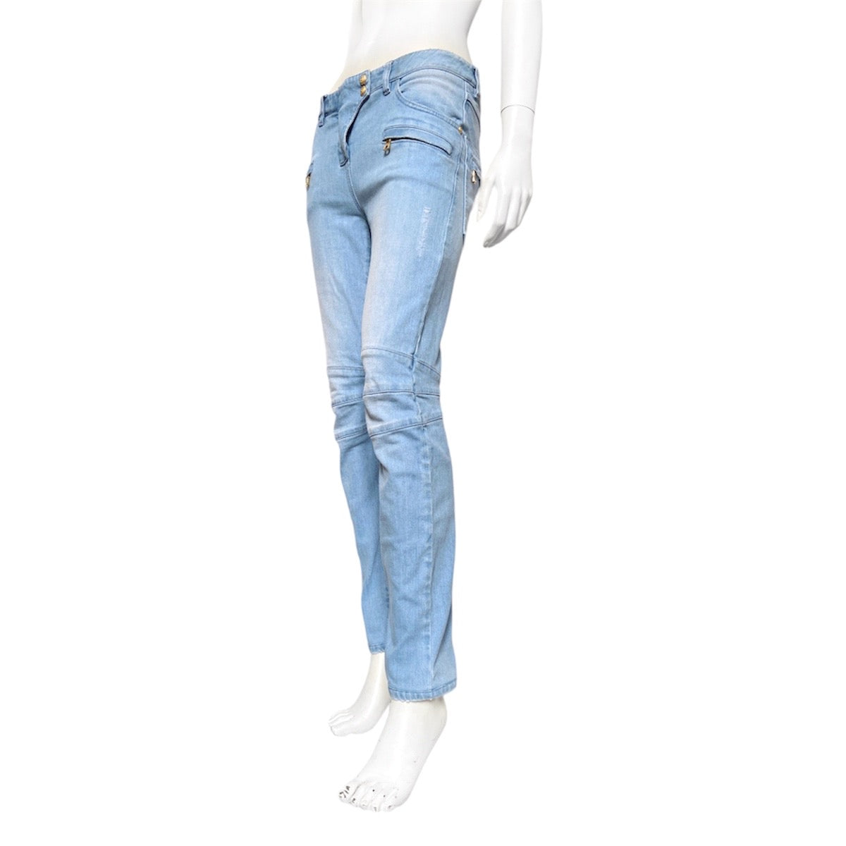 Balmain Spring 2009 Decarnin era distressed light blue gold zipper jeans