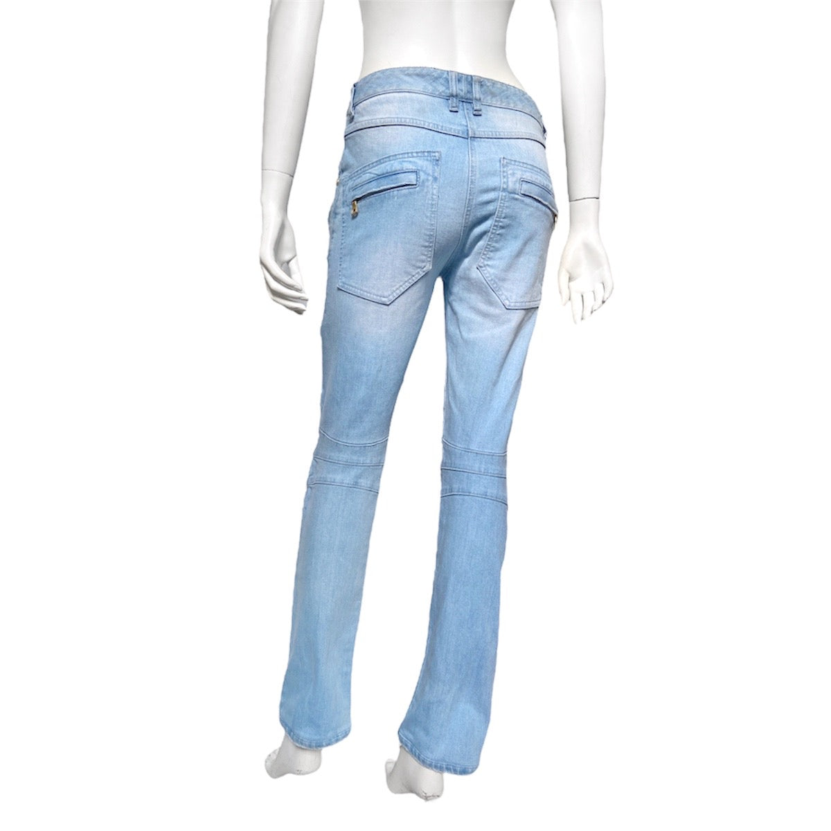 Balmain Spring 2009 Decarnin era distressed light blue gold zipper jeans