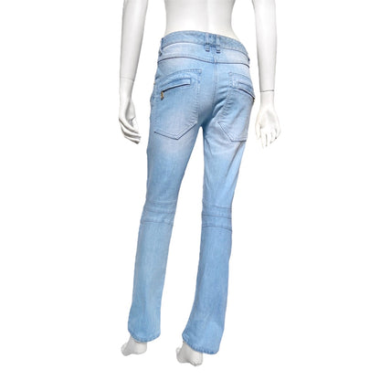 Balmain Spring 2009 Decarnin era distressed light blue gold zipper jeans