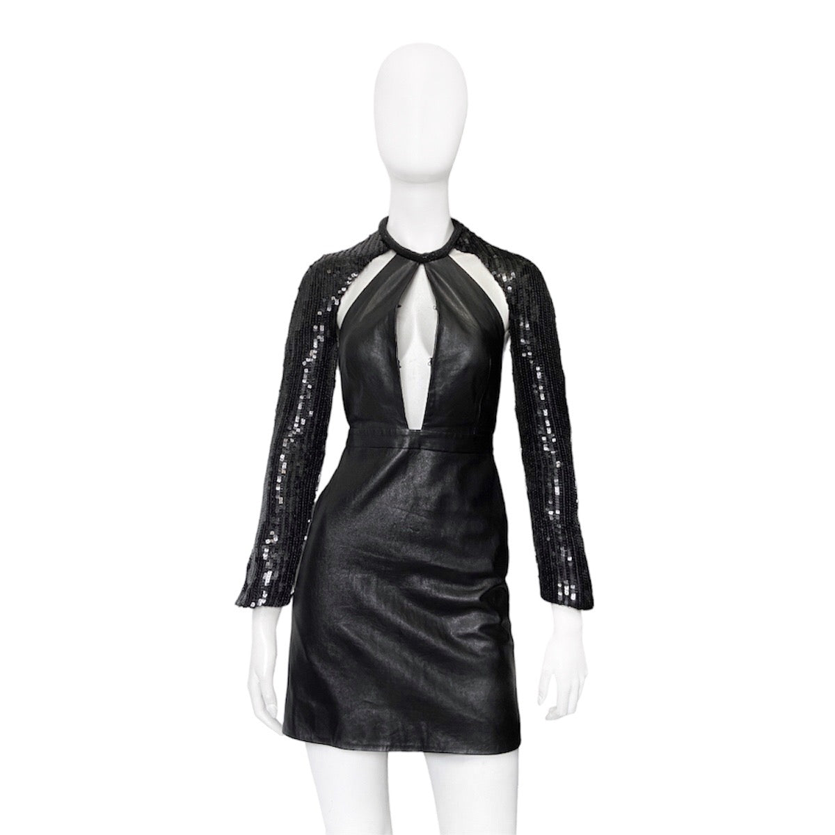 Saint Laurent Paris 2013 Hedi Beaded Collar Sequenced Sleeves Cut Out Backless Leather Dress