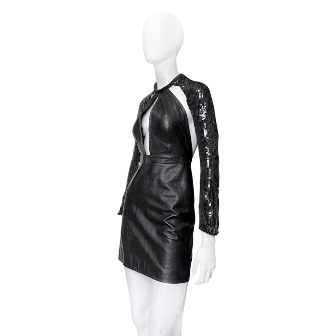 Saint Laurent Paris 2013 Hedi Beaded Collar Sequenced Sleeves Cut Out Backless Leather Dress