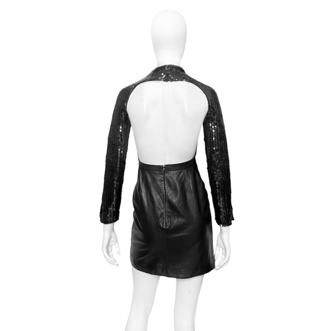 Saint Laurent Paris 2013 Hedi Beaded Collar Sequenced Sleeves Cut Out Backless Leather Dress