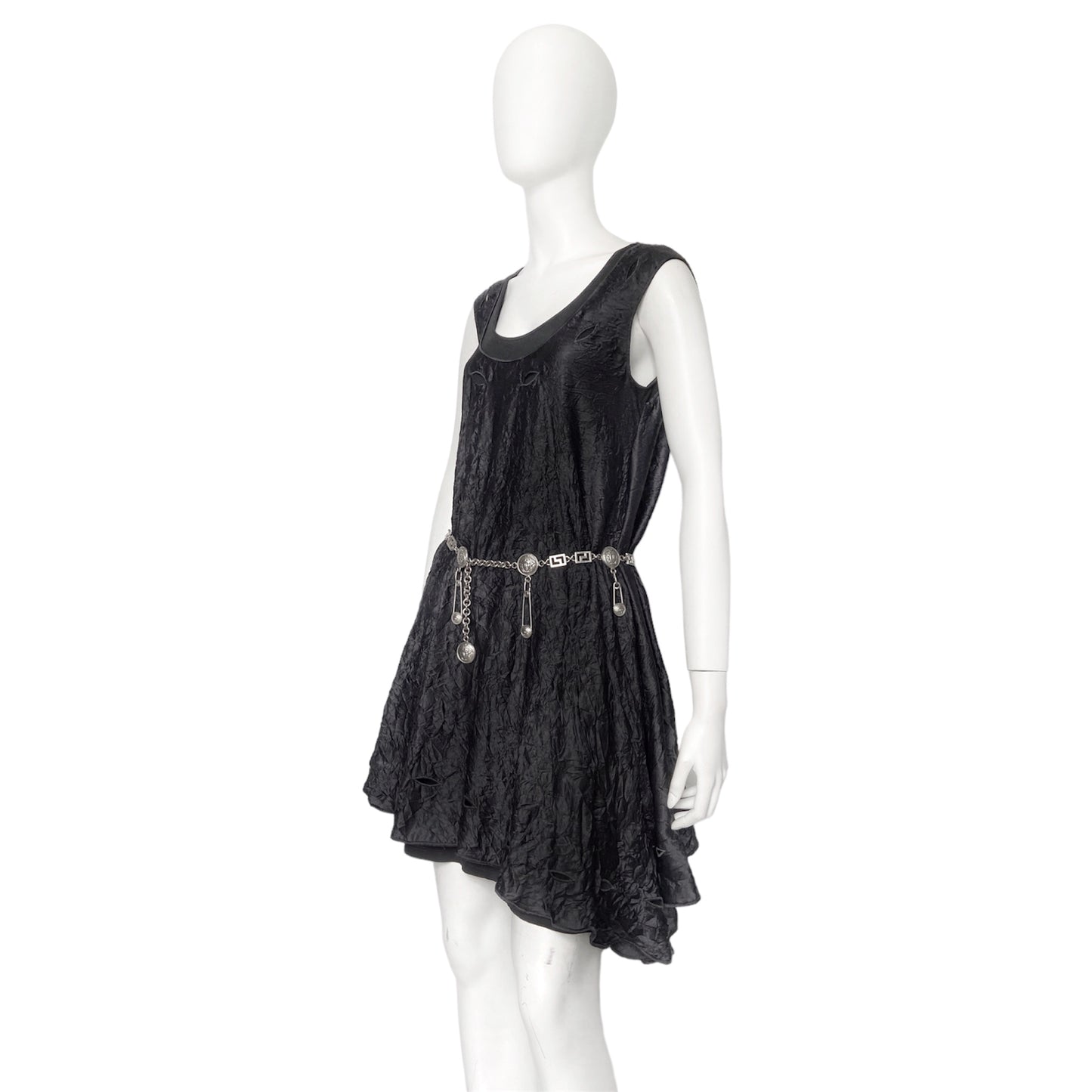 Gianni Versace Spring 1994 Runway Wrinkled Black Silk Eyelet Dress Set