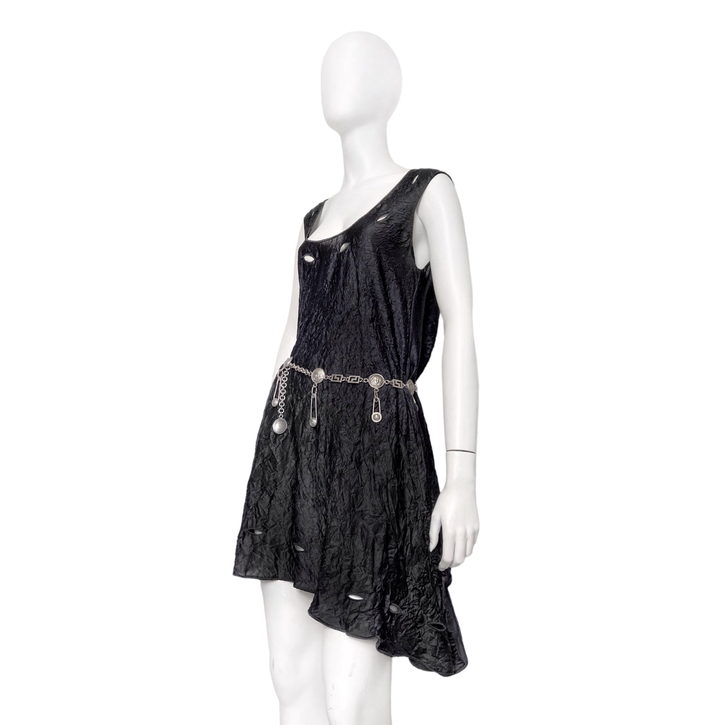 Gianni Versace Spring 1994 Runway Wrinkled Black Silk Eyelet Dress Set