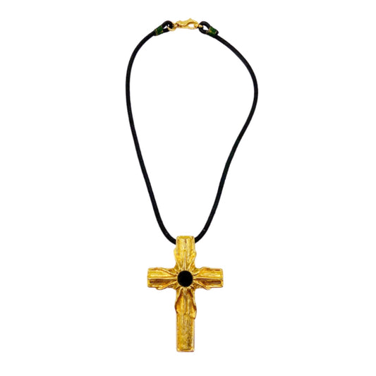 Gianni Versace Sping 1993 Statement Black Gem Giant Gold Cross Necklace with Leather Strap