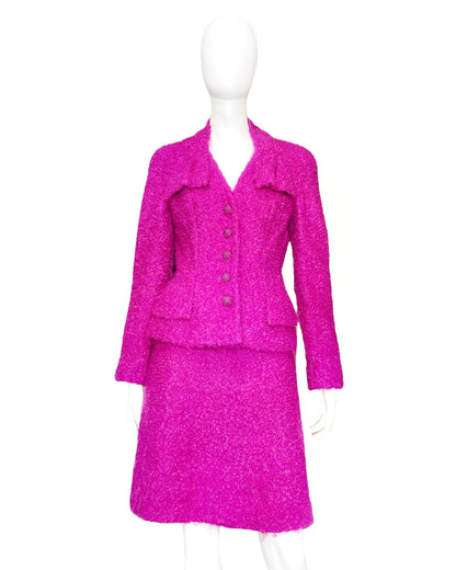 Christian Dior Fall 1997 John Galliano Fuschia Mohair Bar Jacket Skirt Suit