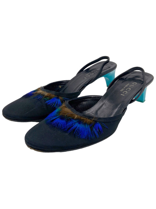 Gucci Spring 1999 Feather Embossed Satin Slingback Mules 37