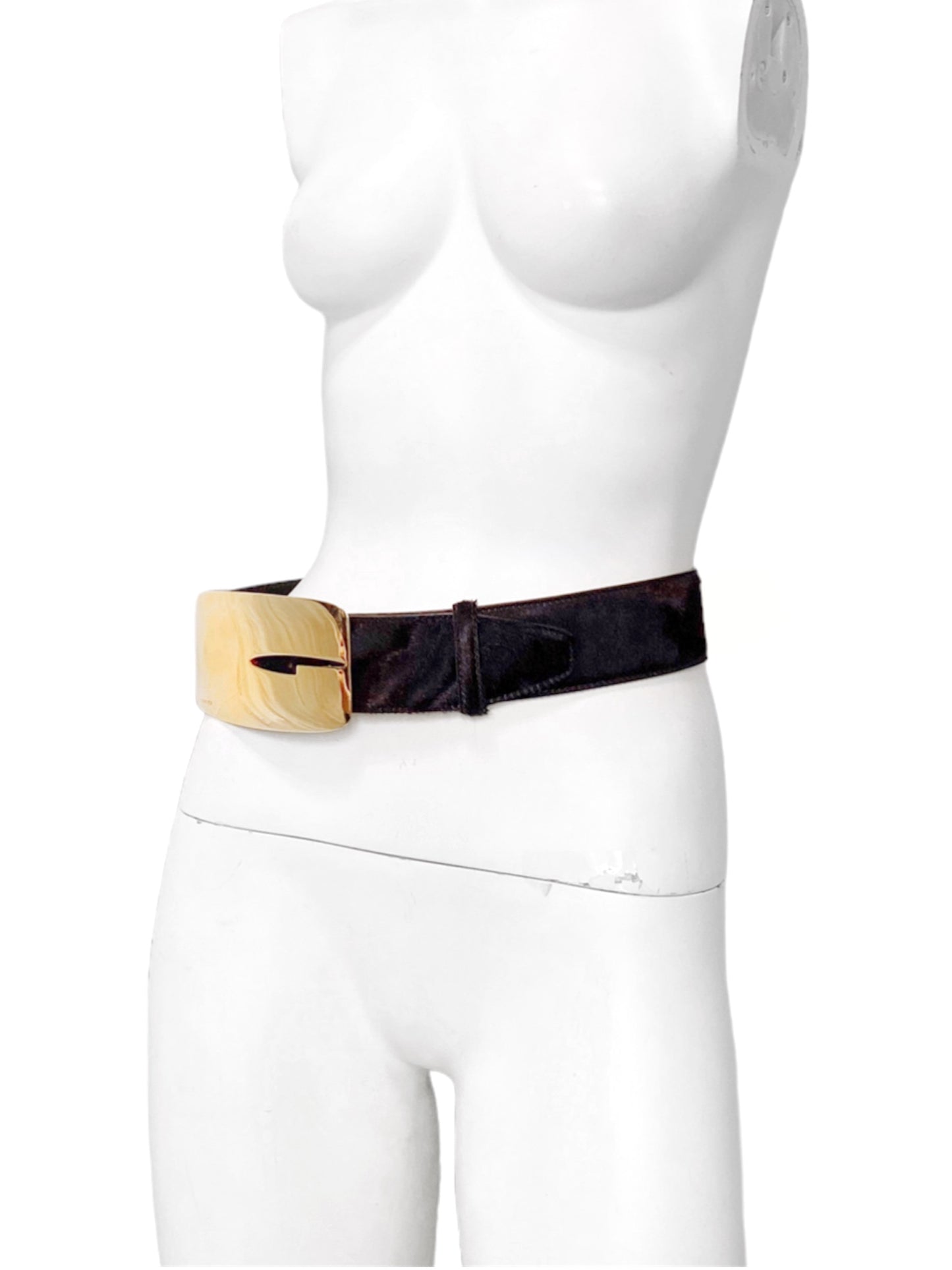 Gucci Fall 1996 Tom Ford Iconic Gold Logo Brown Pony Hair Belt 30