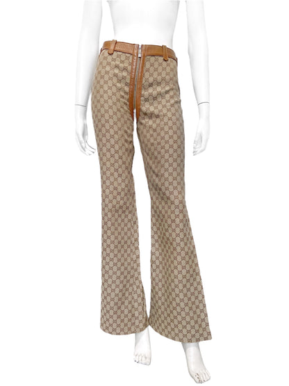 Gucci Fall 2000 Tom Ford Brown Monogram Zipper Flared Pants