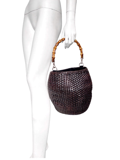 Gucci Spring 1996 Tom Ford Jane Birkin Brown Weaved Leather Bamboo Handle Basket Bucket Bag