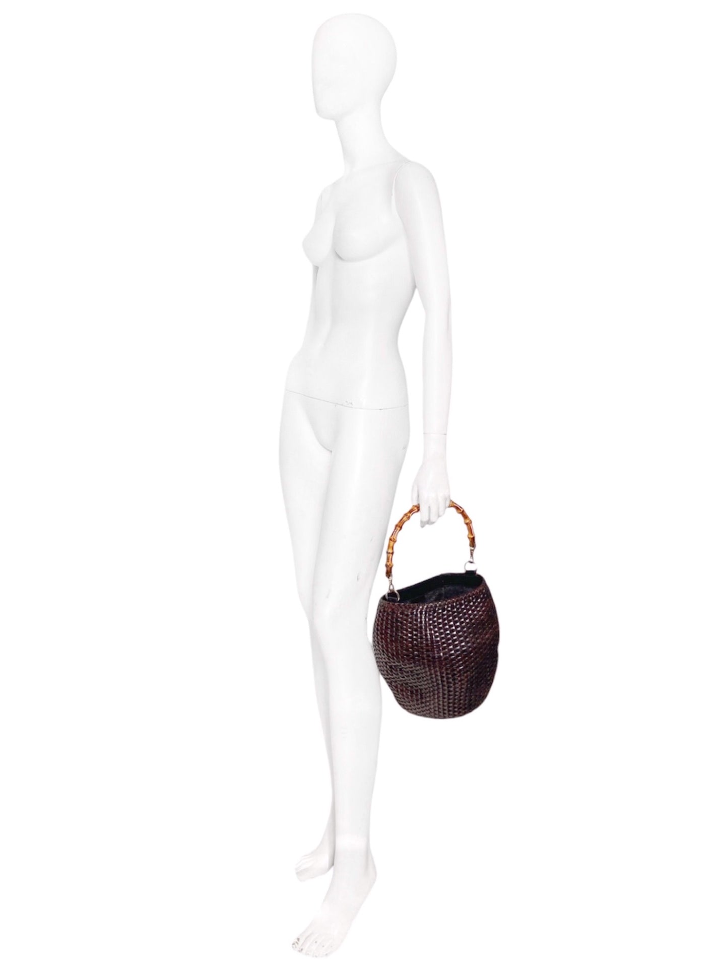 Gucci Spring 1996 Tom Ford Jane Birkin Brown Weaved Leather Bamboo Handle Basket Bucket Bag