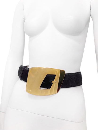 Gucci Fall 1996 Tom Ford Iconic Oversized "G" Gold Logo Black Pony Hair Belt 28