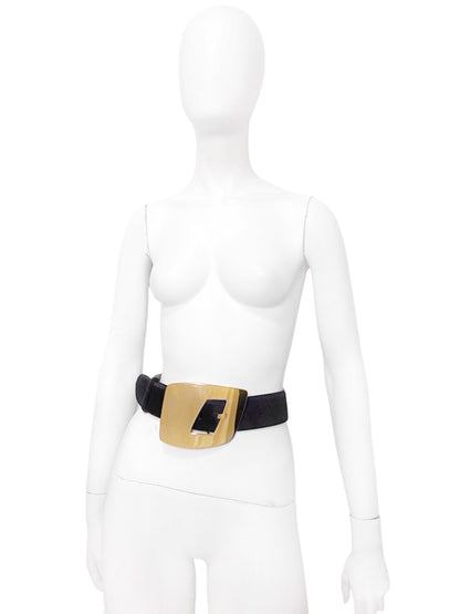 Gucci Fall 1996 Tom Ford Iconic Oversized "G" Gold Logo Black Pony Hair Belt 28