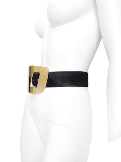 Gucci Fall 1996 Tom Ford Iconic Oversized "G" Gold Logo Black Pony Hair Belt 28