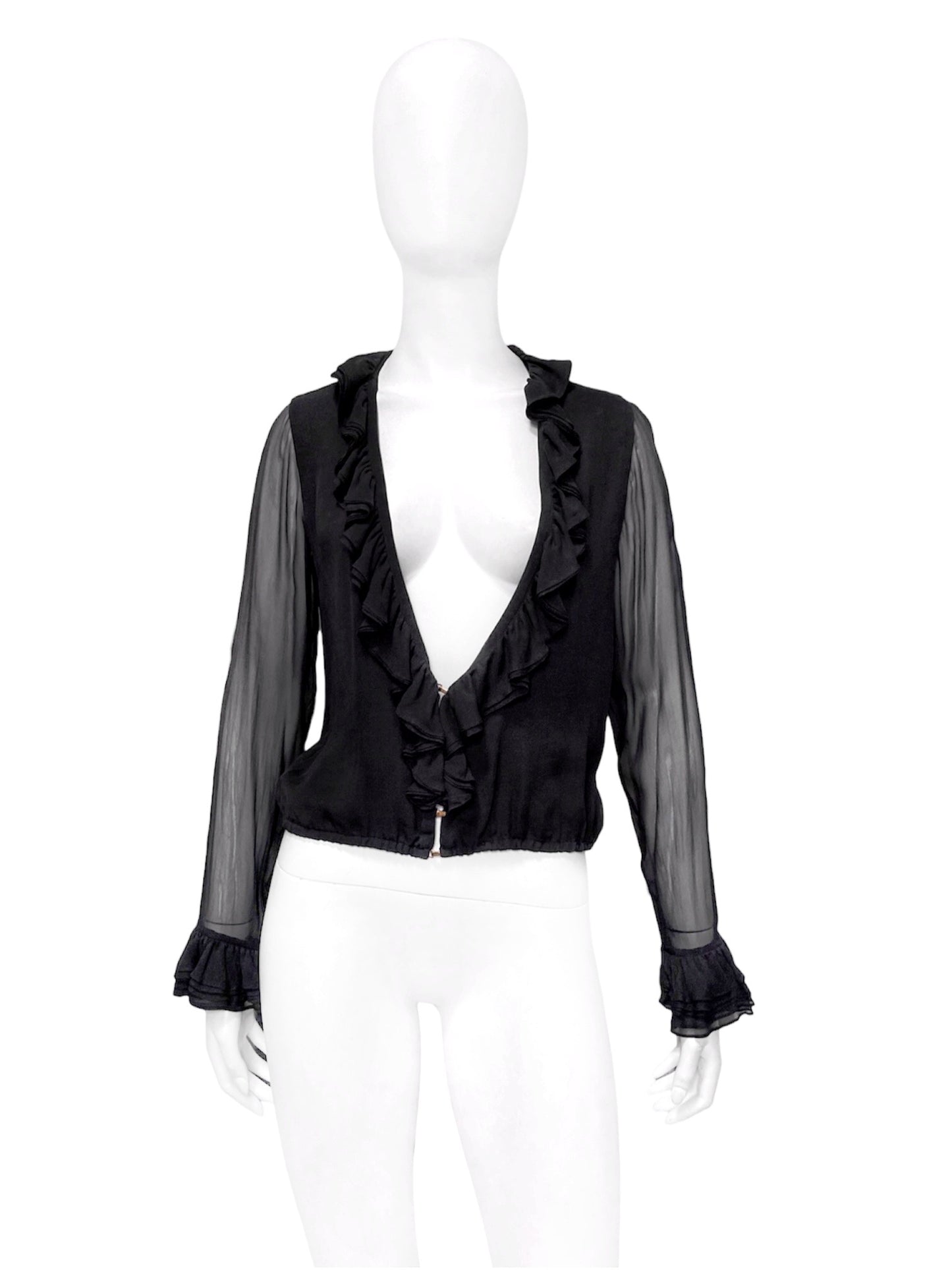 Gucci Fall 2000 Tom Ford Runway Black Ruffled Plunge Silk Blouse