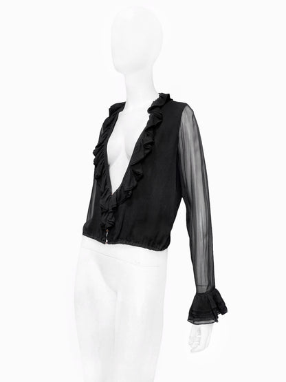 Gucci Fall 2000 Tom Ford Runway Black Ruffled Plunge Silk Blouse