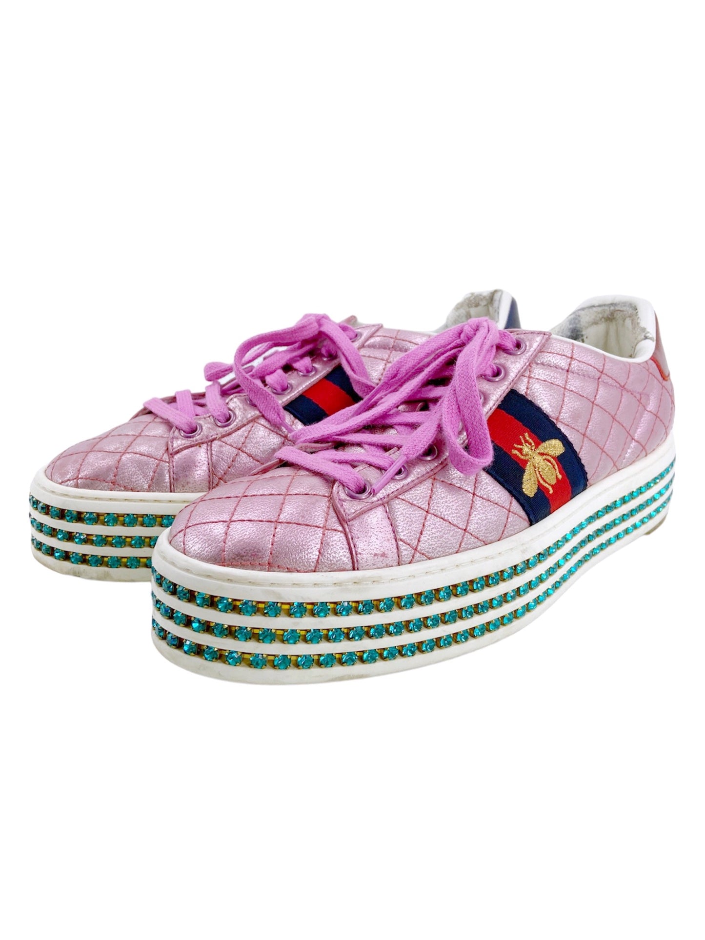 Gucci Swarovski Crystal embellished Pink Platform Ace Sneaker 37.5