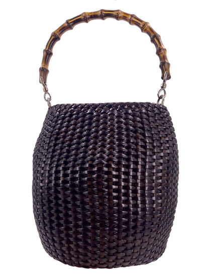 Gucci Spring 1996 Tom Ford Jane Birkin Brown Weaved Leather Bamboo Handle Basket Bucket Bag