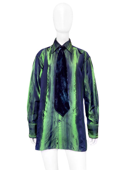 Gucci Fall 1997 Tom Ford Look #20/#18 Green Silk Striped Shirt with Ombré Silk Velvet Tie