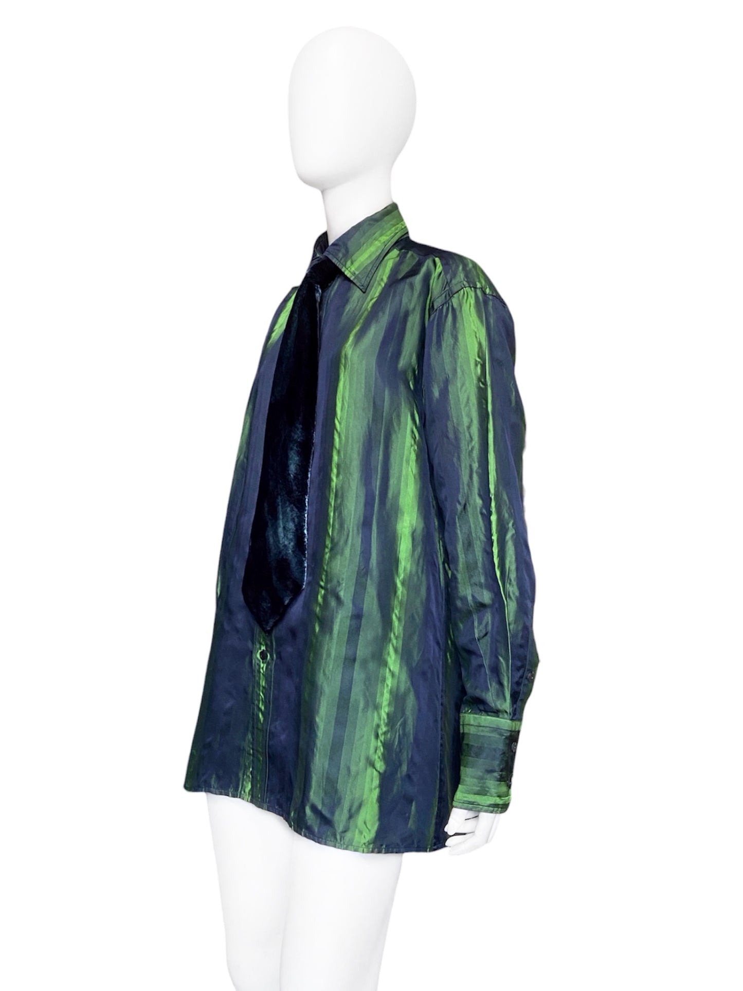 Gucci Fall 1997 Tom Ford Look #20/#18 Green Silk Striped Shirt with Ombré Silk Velvet Tie