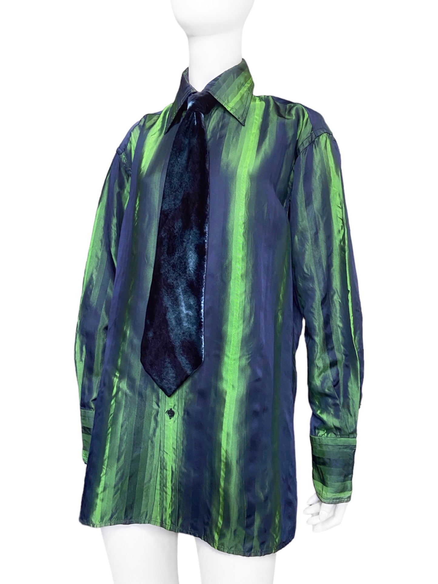 Gucci Fall 1997 Tom Ford Look #20/#18 Green Silk Striped Shirt with Ombré Silk Velvet Tie