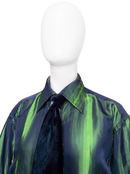 Gucci Fall 1997 Tom Ford Look #20/#18 Green Silk Striped Shirt with Ombré Silk Velvet Tie