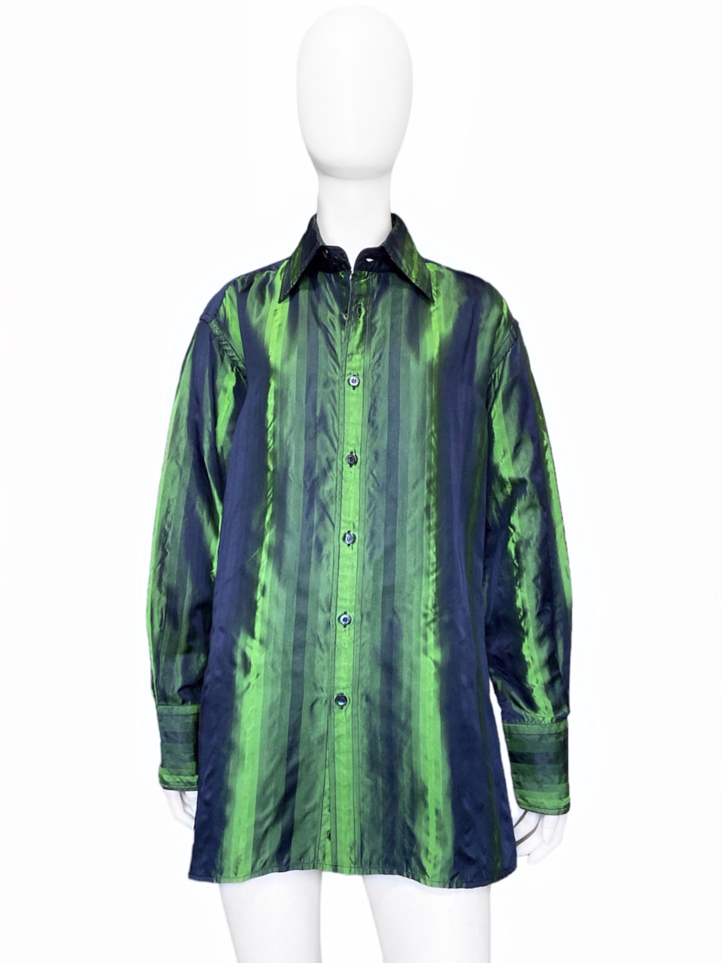 Gucci Fall 1997 Tom Ford Look #20/#18 Green Silk Striped Shirt with Ombré Silk Velvet Tie