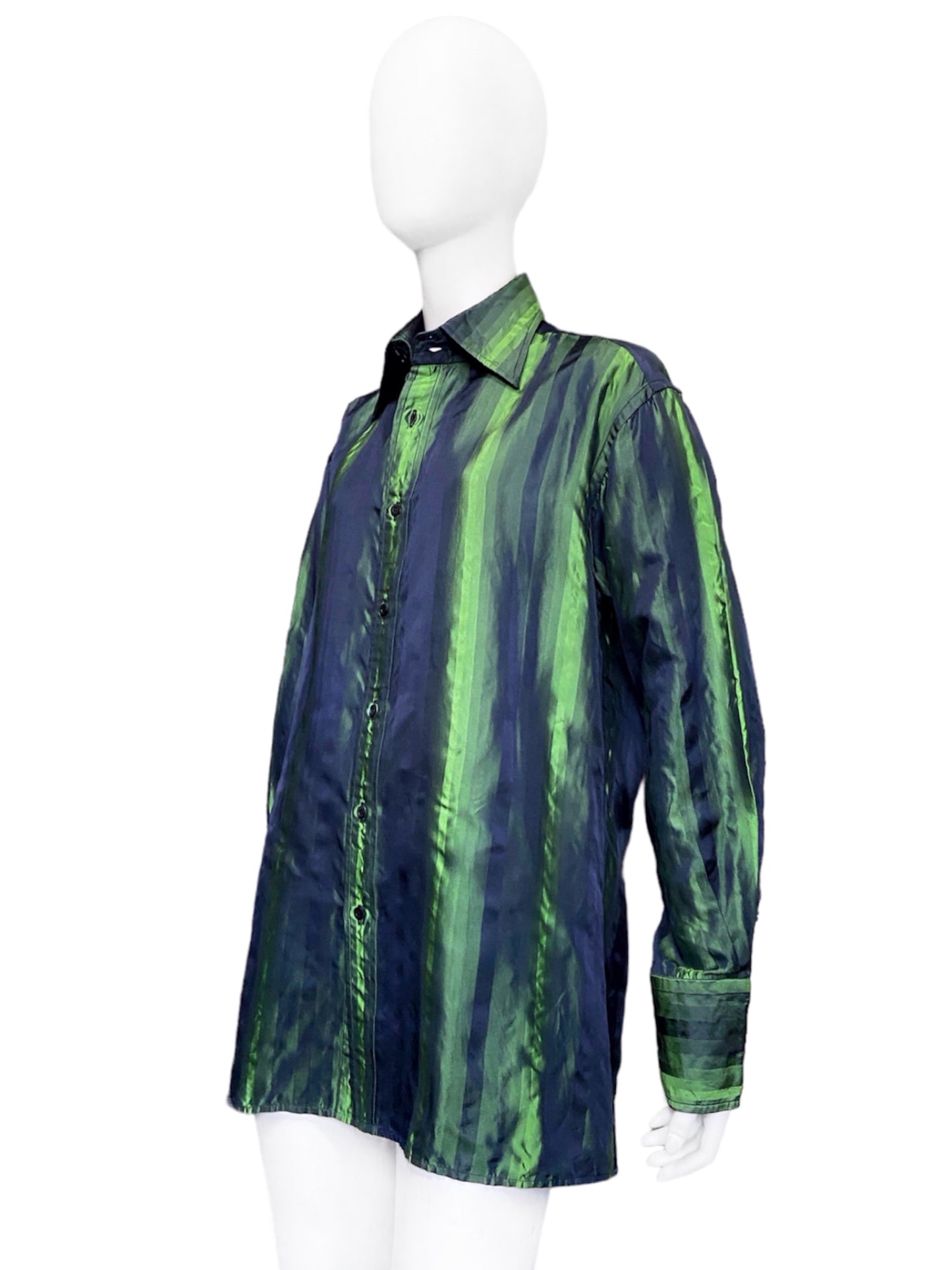 Gucci Fall 1997 Tom Ford Look #20/#18 Green Silk Striped Shirt with Ombré Silk Velvet Tie