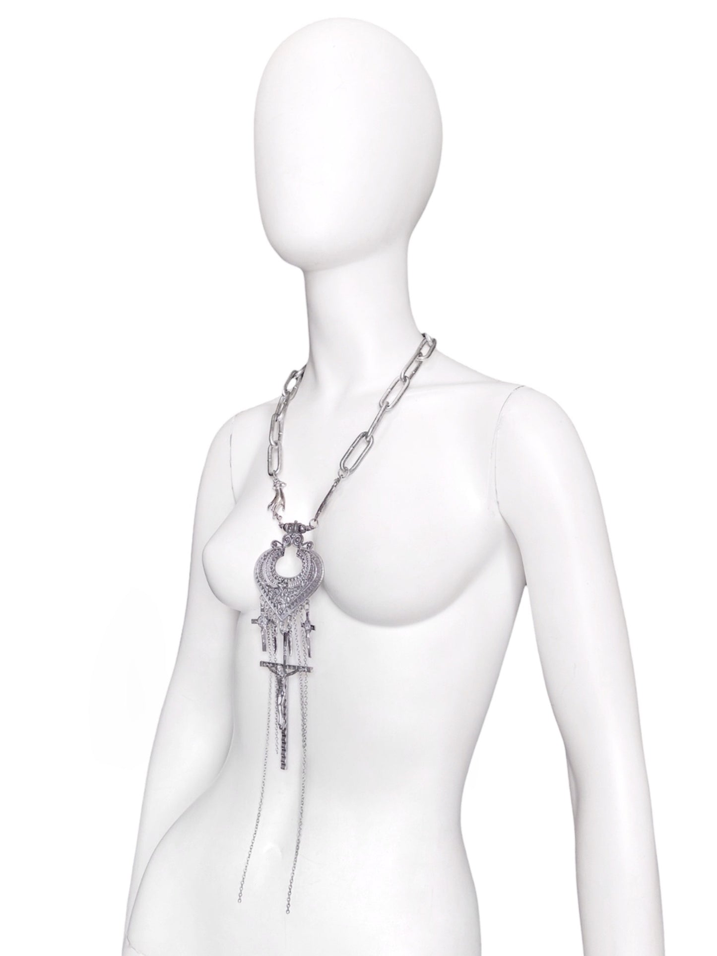 Jean Paul Gaultier 90S Sample Spade Chain Fringe Triple Crucifix Cross Chain Necklace