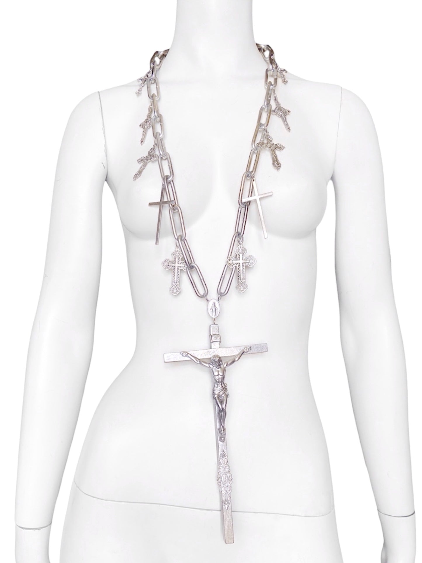 Jean Paul Gaultier 90S Sample 1/1 XXL Silver 11 Crucifix Cross Chain Necklace