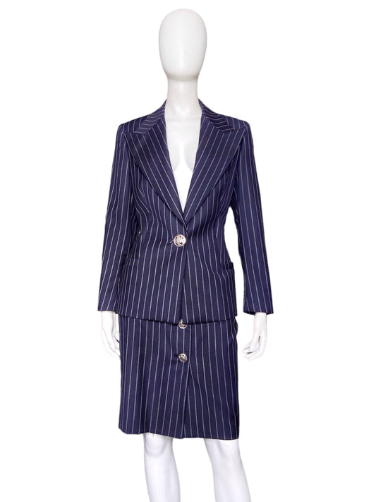 Gianni Versace Spring 1995 Navy Double Pinstriped Wrap Skirt Suit 42