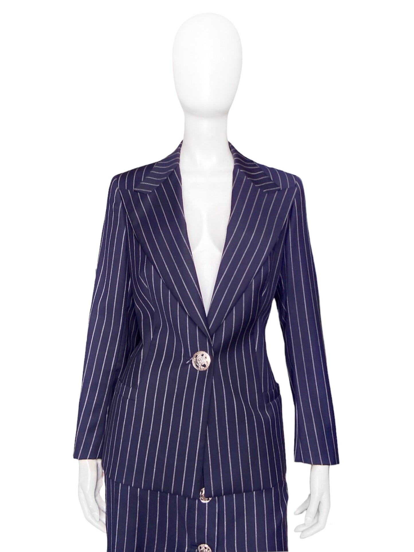 Gianni Versace Spring 1995 Navy Double Pinstriped Wrap Skirt Suit 42