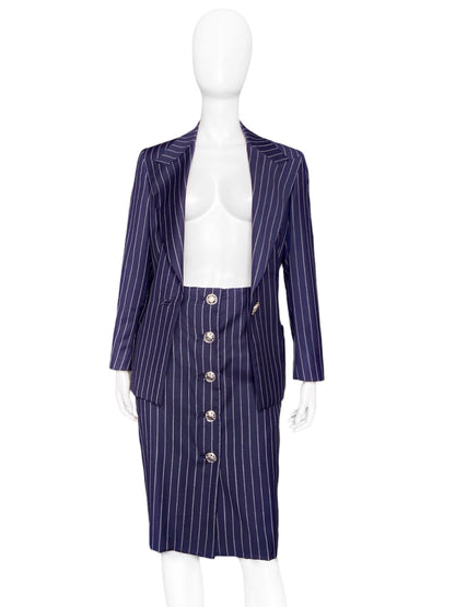 Gianni Versace Spring 1995 Navy Double Pinstriped Wrap Skirt Suit 42