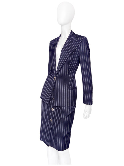 Gianni Versace Spring 1995 Navy Double Pinstriped Wrap Skirt Suit 42