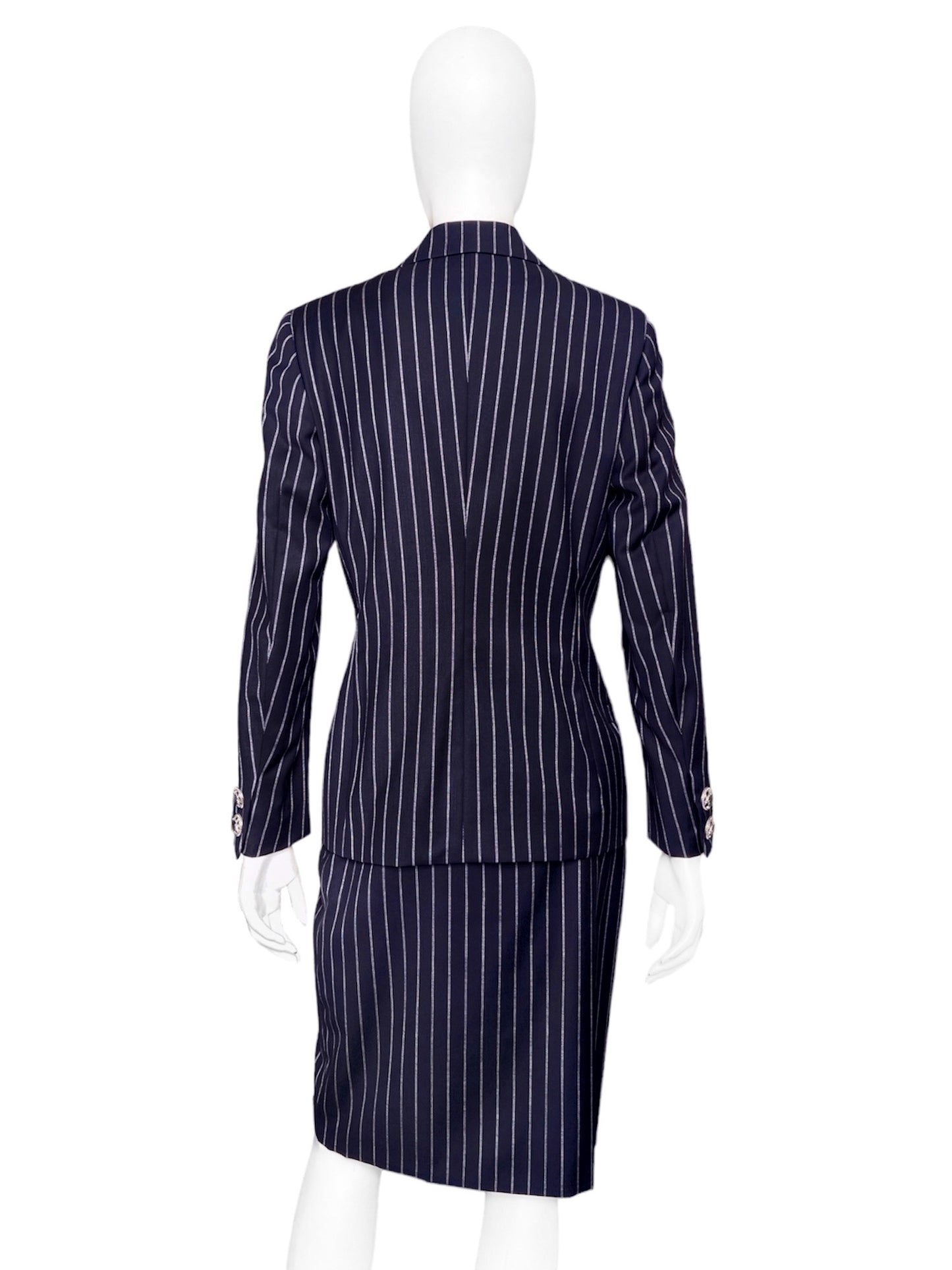 Gianni Versace Spring 1995 Navy Double Pinstriped Wrap Skirt Suit 42