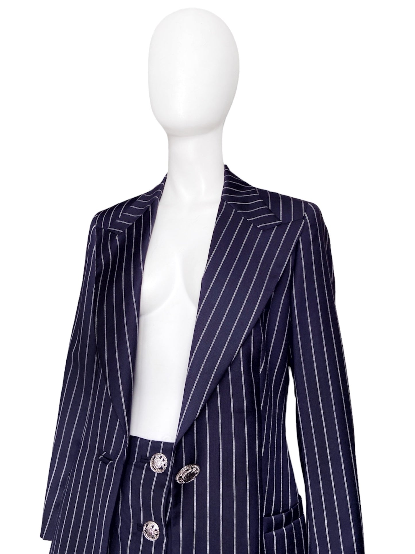 Gianni Versace Spring 1995 Navy Double Pinstriped Wrap Skirt Suit 42