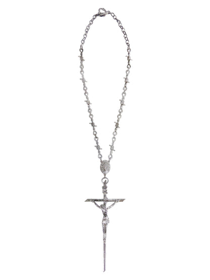 Jean Paul Gaultier 90s Sample Silver Barbed Wire Cross Chain Necklace