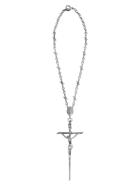 Jean Paul Gaultier 90s Sample Silver Barbed Wire Cross Chain Necklace