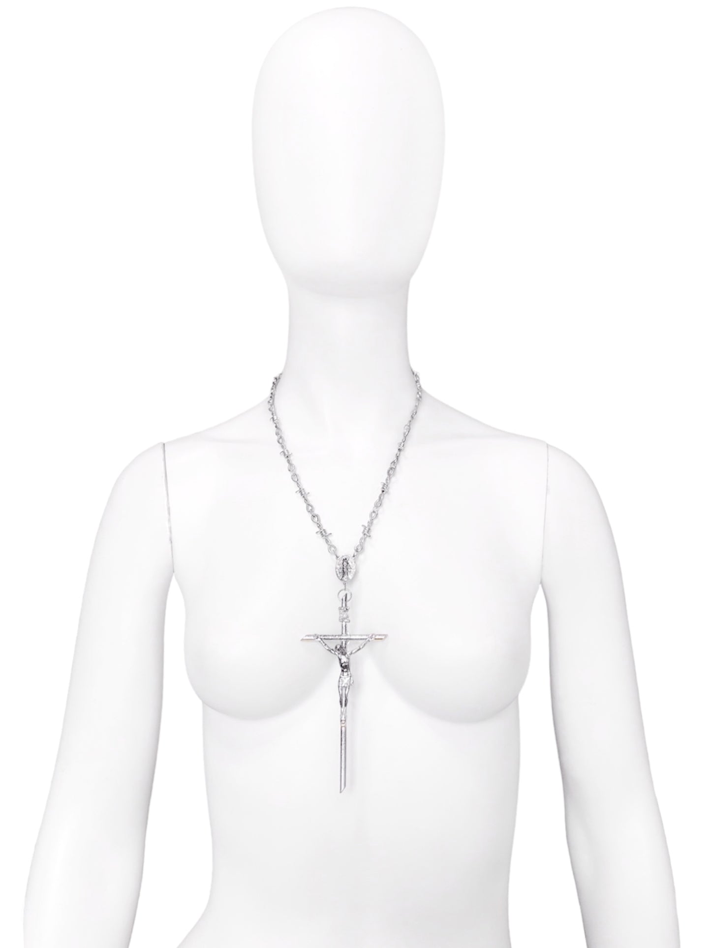 Jean Paul Gaultier 90s Sample Silver Barbed Wire Cross Chain Necklace