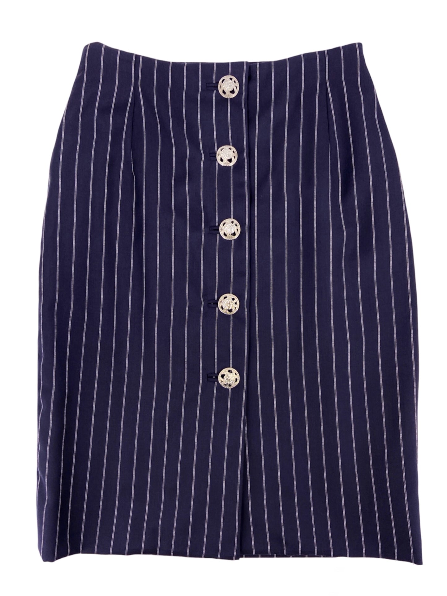 Gianni Versace Spring 1995 Navy Double Pinstriped Wrap Skirt Suit 42