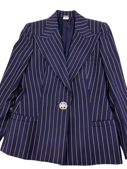 Gianni Versace Spring 1995 Navy Double Pinstriped Wrap Skirt Suit 42