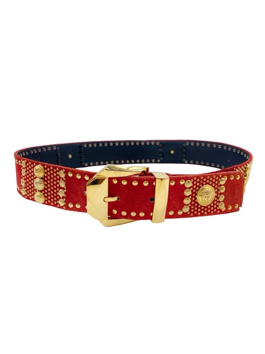 Gianni Versace 90s Red Suede Gold Studded Belt 30