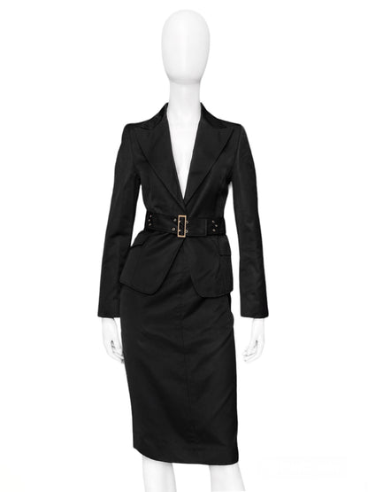 Gucci Fall 2003 Tom Ford Black Belted Bondage Blazer Jacket Skirt Suit 42&40