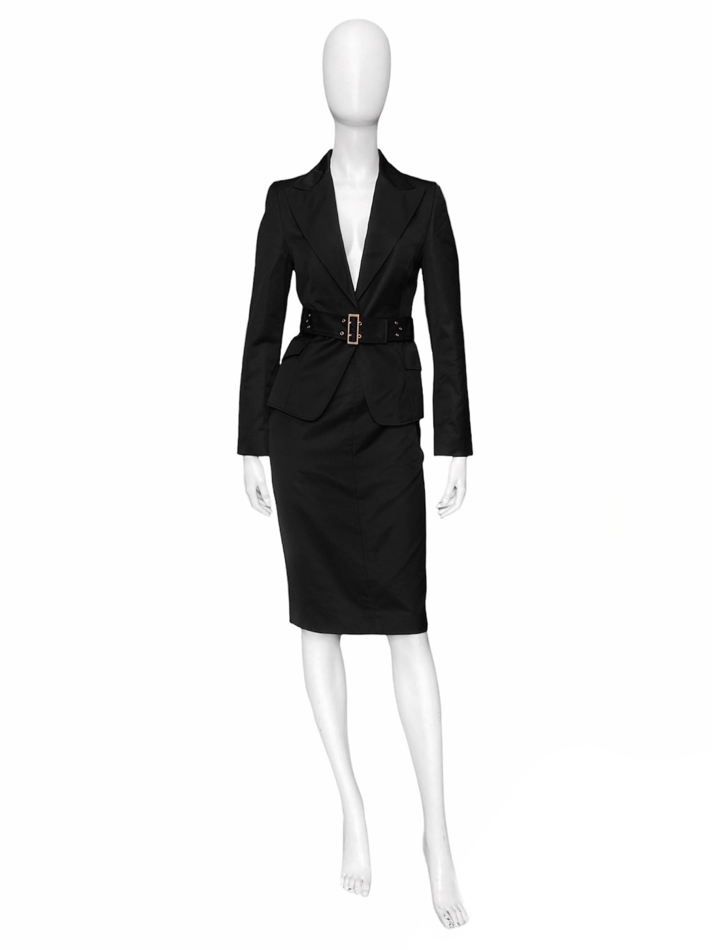 Gucci Fall 2003 Tom Ford Black Belted Bondage Blazer Jacket Skirt Suit 42&40